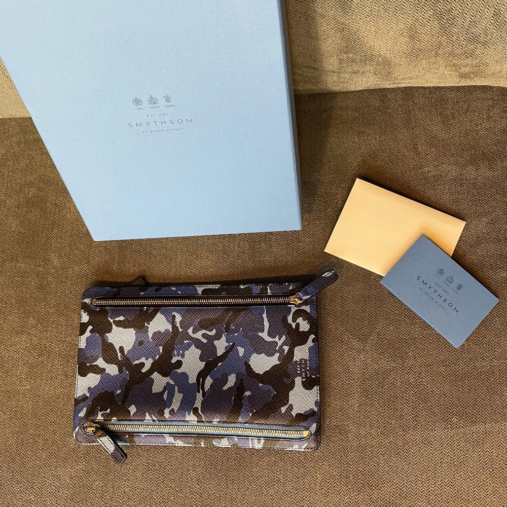 Smythson Panama Zip Currency Case in Blue Camo